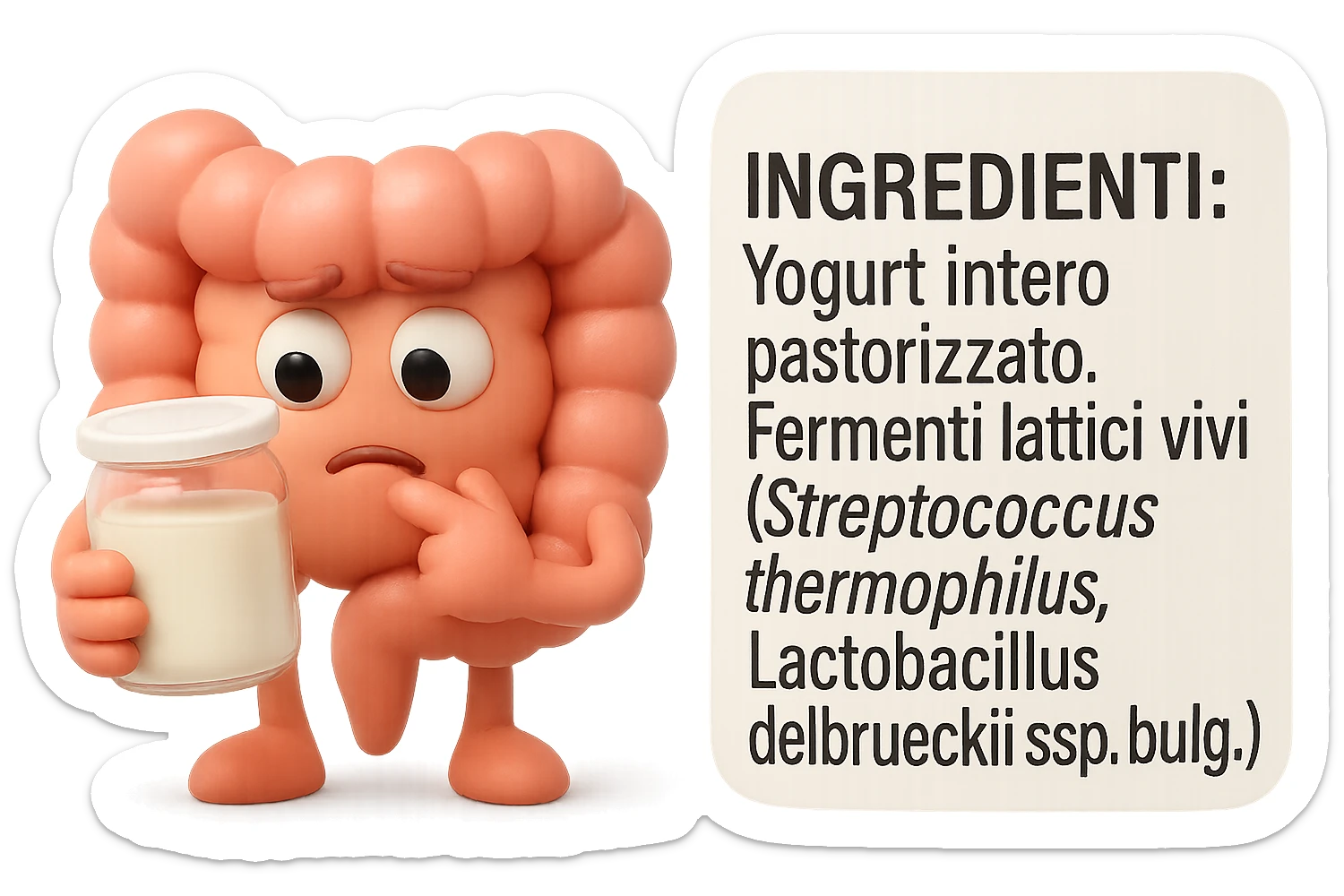 EMOJI STILE IPHONE 3D DI UN INTESTINO CHE HA IN MANO UN BARATTOLO DI YOGURT CONFEZIONATO DA SUPERMERCATO E LEGGE L'ETICHETTA NUTRIZIONALE CON GLI INGREDIENTI IN ITALIANO, ACCANTO ALLO YOGURT CHE HA IN MANO C'è UN FOCUS SULL'ETICHETTA CON GLI INGREDIENTI SCRITTI sticker