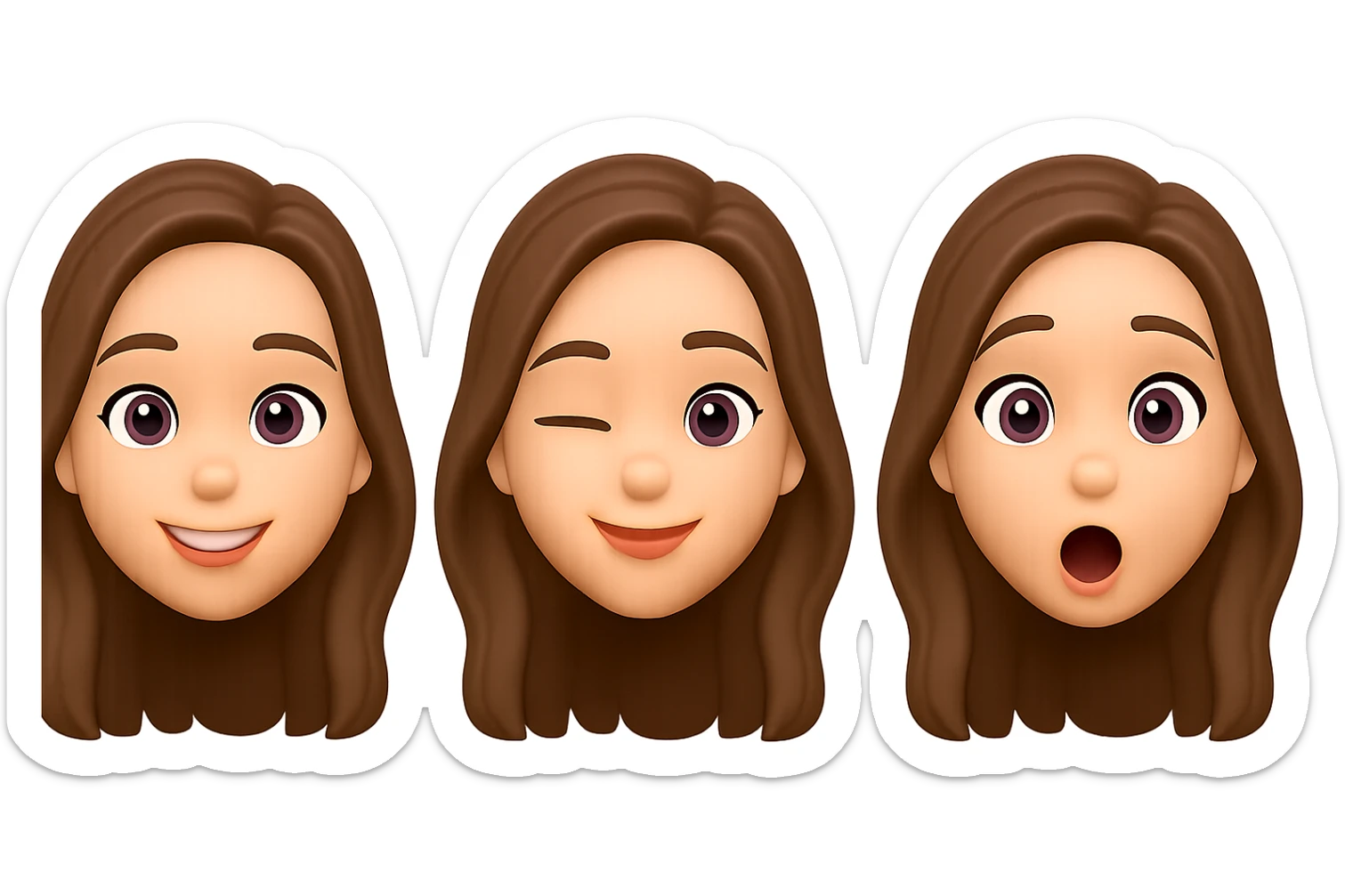 Convert the girl in the image into a set of 3D emoji style emoticons with transparent background, focusing only on the face and simple expressions. Microsoft style 3D fluent emojis do not support text, so keep the expressions concise and clear. sticker