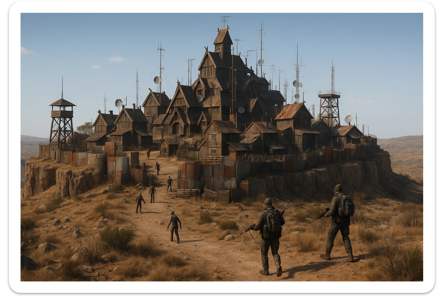 A small hilltop mesa city in the videogame dayz, screensot, based on whiterun but with modern DayZ architecture  sticker