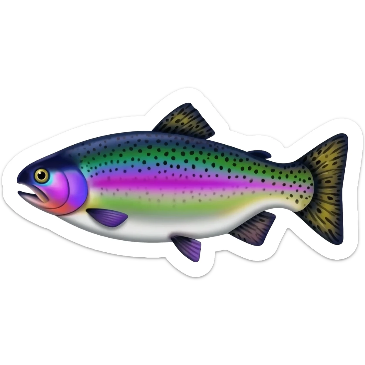 realistic rainbow trout fish bright purple blue green yellow white with black speckles sticker