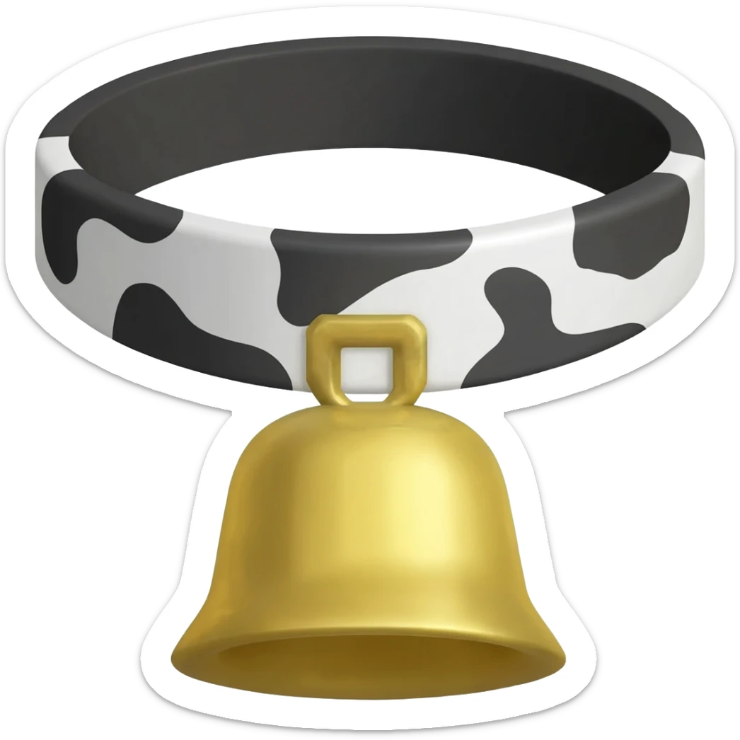 plain gold lowpoly grater cowbell on a collar with black and white cow pattern sticker