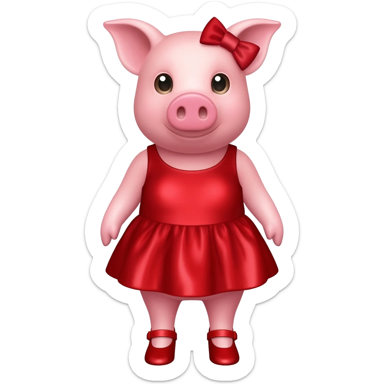 PORQUINHO FEMININO COR-DE-ROSA DE 4 PATAS+4 ANOS DE IDADE OLHANDO PARA FRENTE E USANDO 1 VESTIDO PET DE CETIM LISO VERMELHO, 1 LAÇO DE CETIM LISO VERMELHO NA ORELHA DIREITA E 4 SAPATOS VERMELHOS NAS 4 PATAS SEM DATA+HORÁRIO sticker