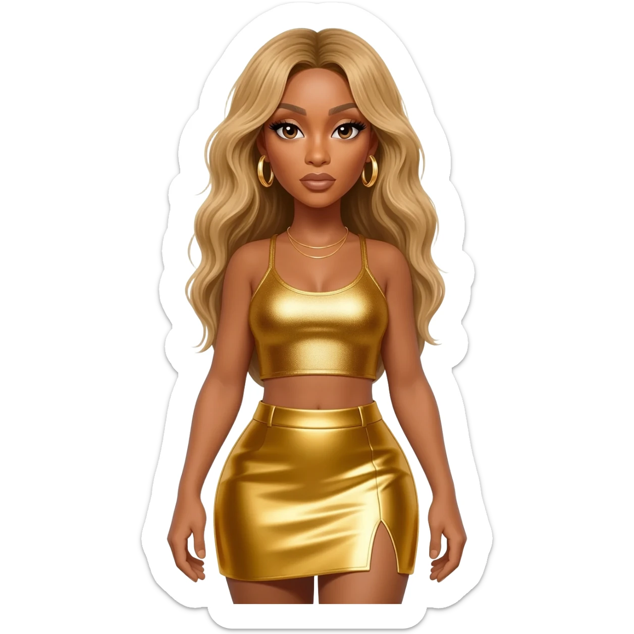 Beyonce with long blonde hair, gold metallic crop top, gold metallic skirt, gold earrings sticker