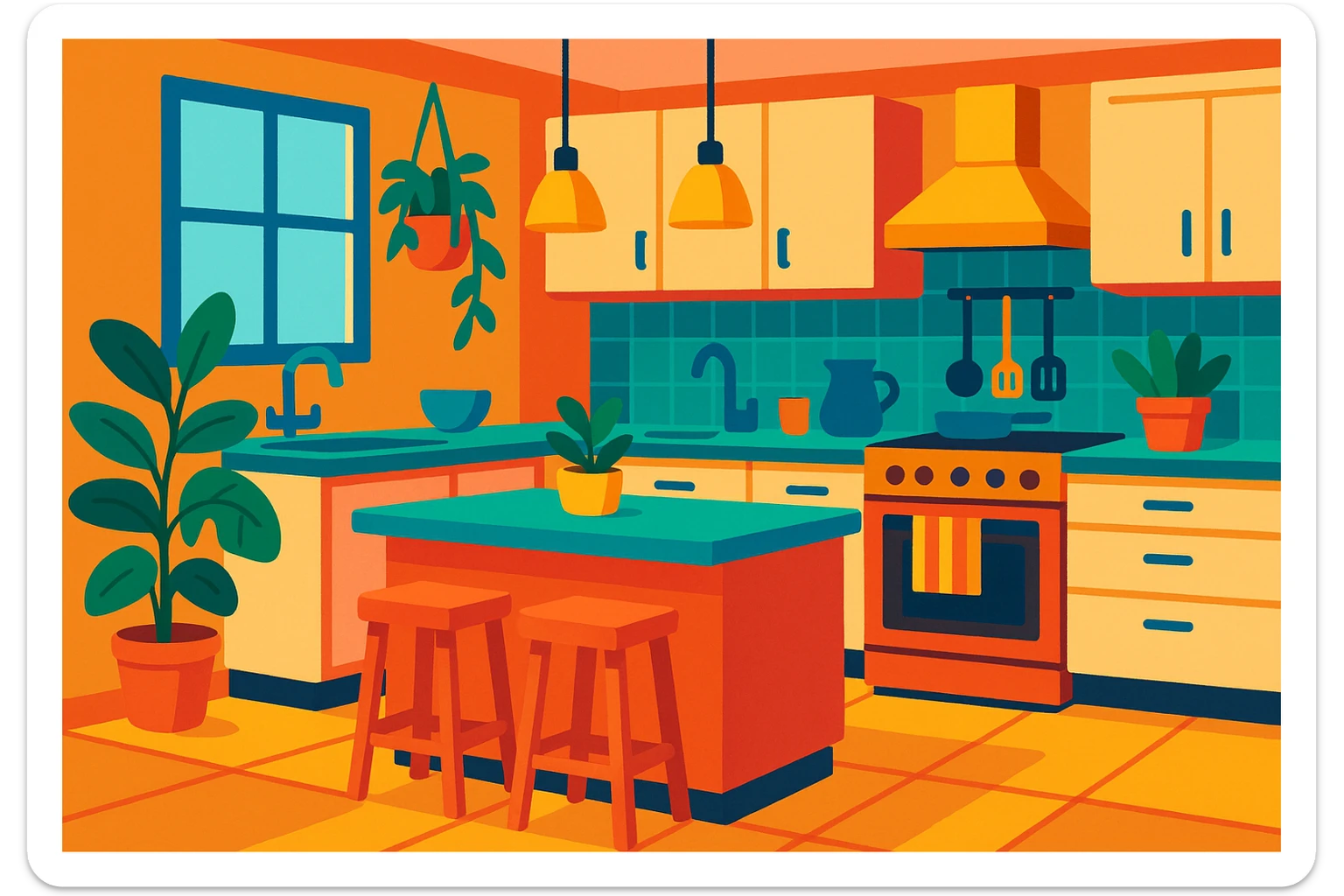 kitchen room with island counter, hanging lights, and plants in a vibrant toon style sticker