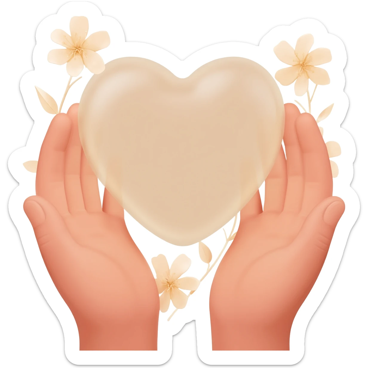 Realistic hands are holding light beige human heart with beige flowers sticker