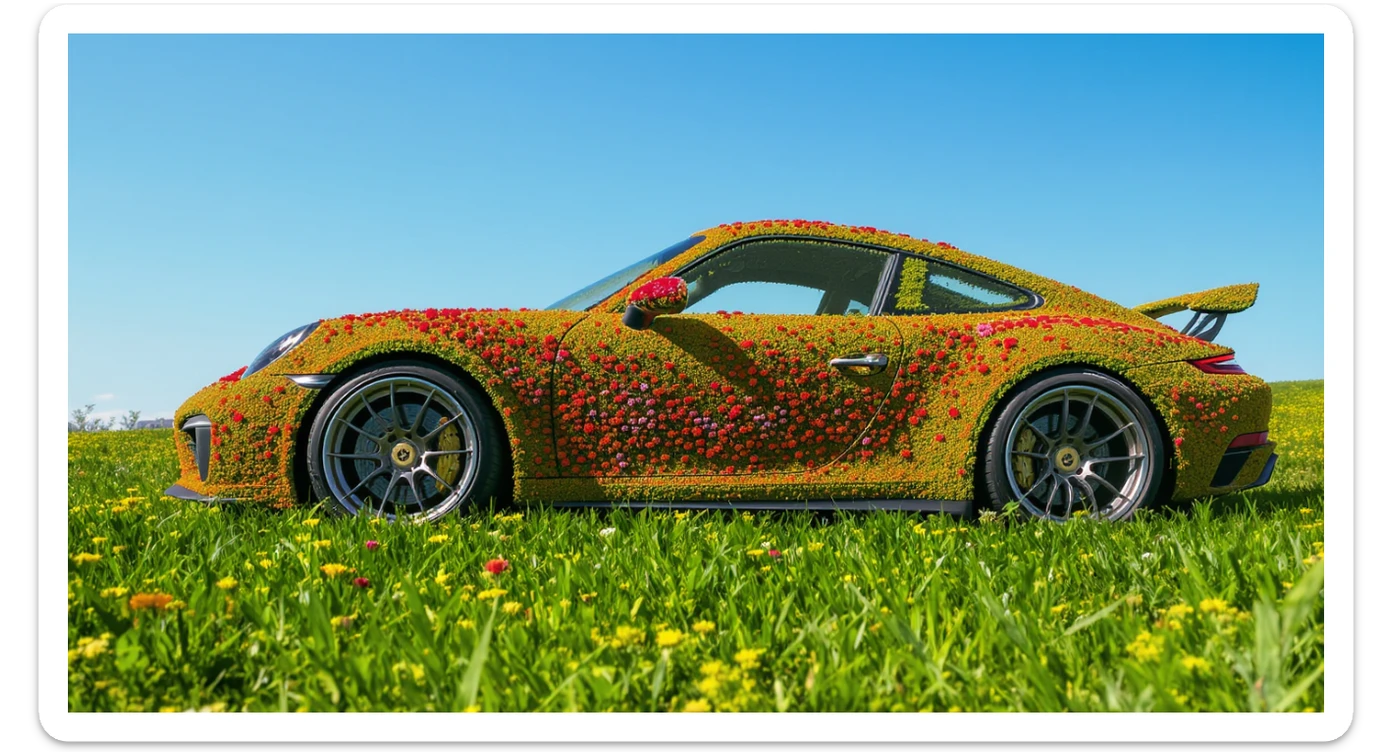 Closeup shot of a porsche 911, body of car made of grass and big colorfull flowers, green hill grass, blue clear sky, dutch angle, captured by ARRI 65 sticker