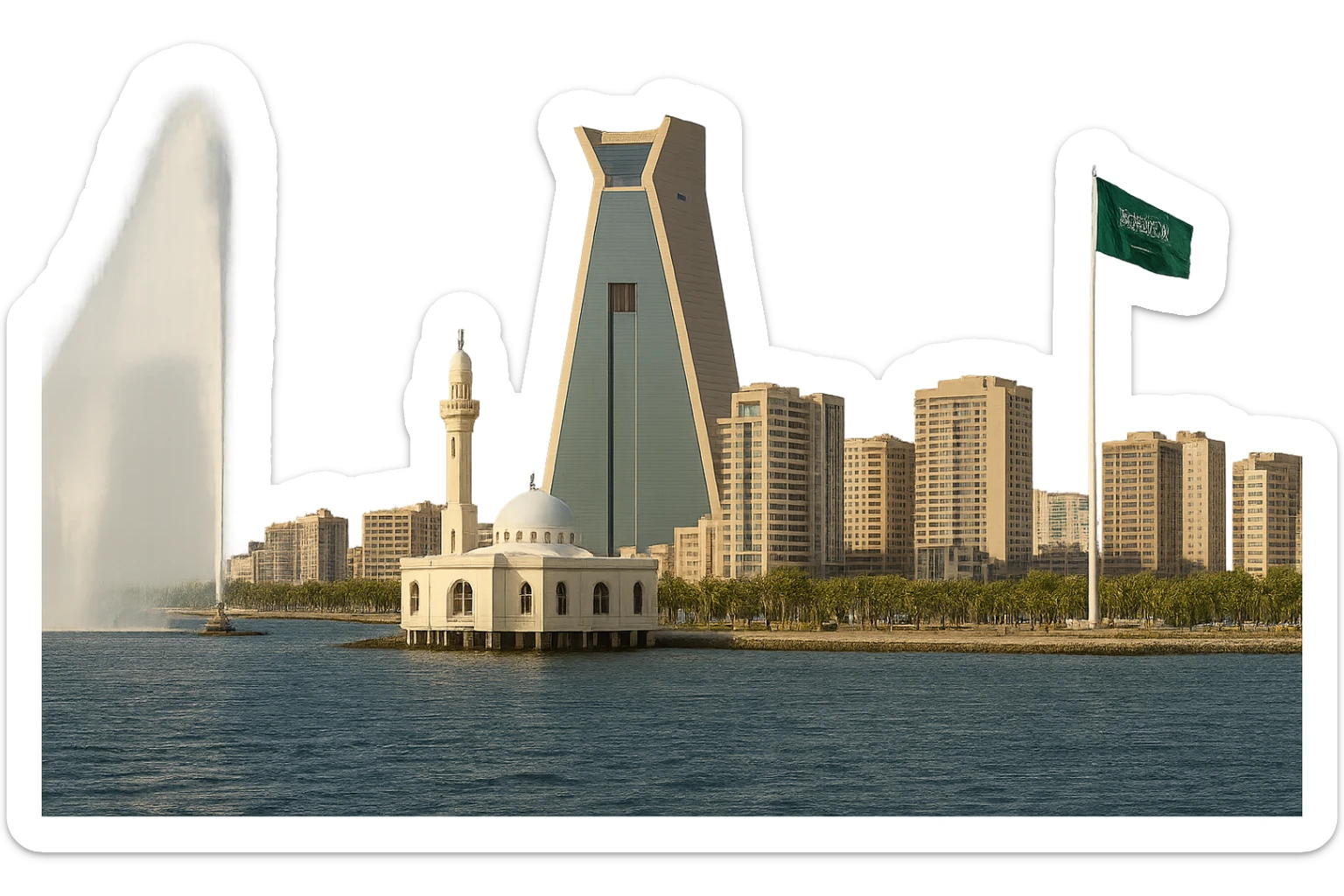 cinematic, realistic emoji of Jeddah, wide city view with real, completed buildings including King Fahd Fountain, National Commercial Bank Tower, Jeddah Corniche Mosque, and Jeddah Flagpole, lifelike detail, accurate colors, bright daytime lighting, fully transparent background with no sky and no clouds, exclude unbuilt Jeddah Tower sticker