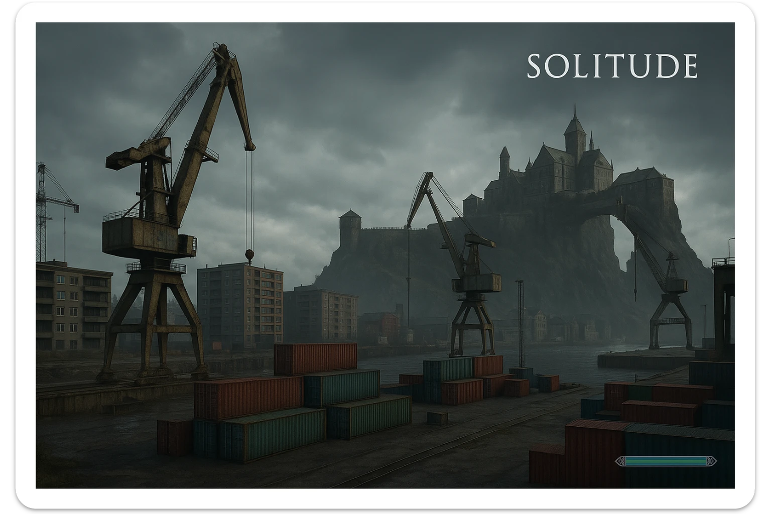 a screenshot of the game DayZ videogame, the city of "solitude" as seen in skyrim, modern evolution, industrial harbor at apartment blocks sticker