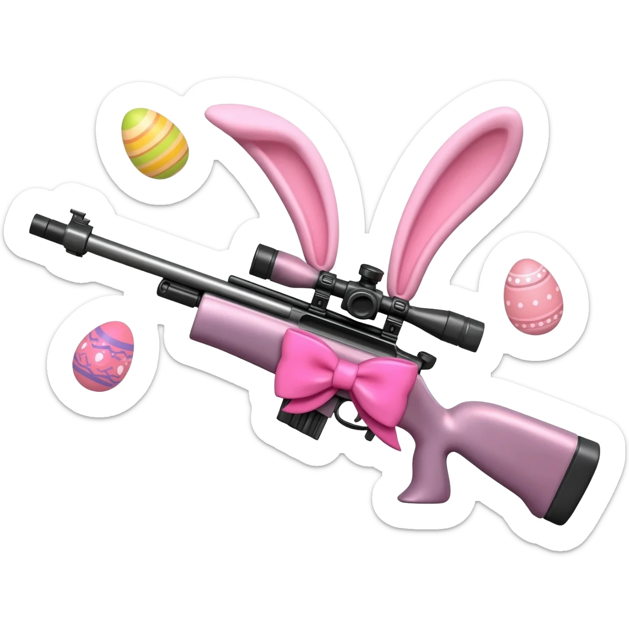 easter theme sniper rifle like with bunny ears and eggs and pink and a tie bow sticker