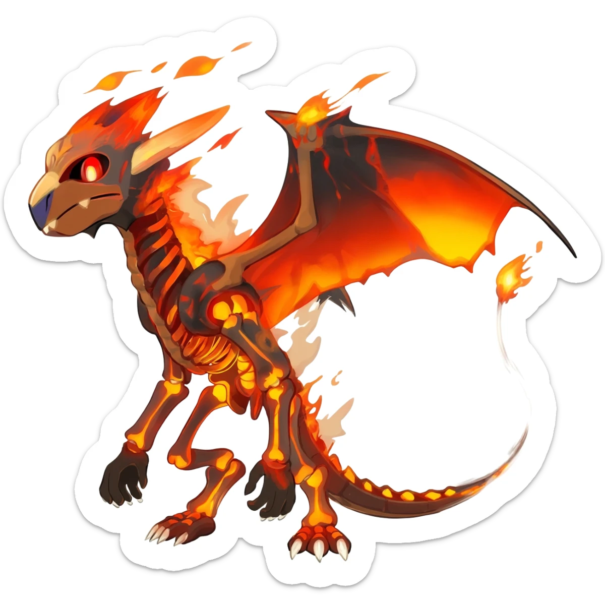 Skeletal Fiery Flaming Volcanic Draconic Cubone-Salandit-Houndoom-Houndour-Marowak-Poochyena-Litten-Fakémon-hybrid-creature (full body), 4 legs sticker