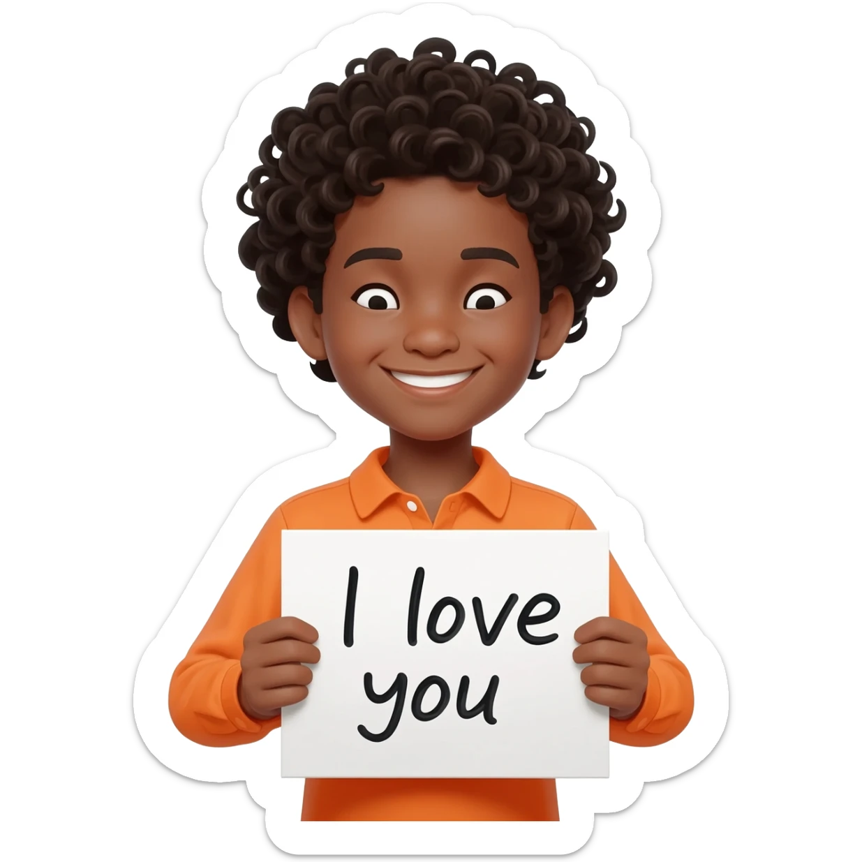 black boy curly hair orange shirt saying I love you sticker