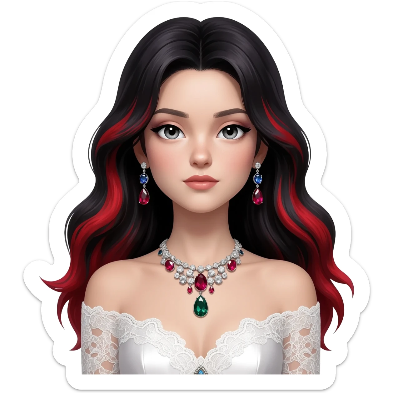 Beautiful shiny ethereal Gorgeous Anime Lady with dark hair and red hair streaks with a beautiful white silky lace dress and rubies and onyx gems  sticker