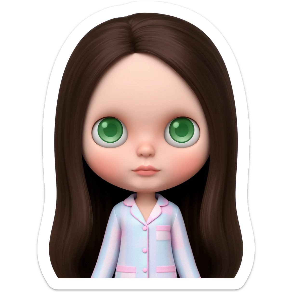 Make me an emoji that is wearing pajamas maker her a Blythe doll type emojiMake her hair longer Make her hair darker Make her hair a darker brown give her pale skin Maker more peach white pale Get rid of the rosiness in her cheeks and make her eyes green Make her eyes a lighter green sticker