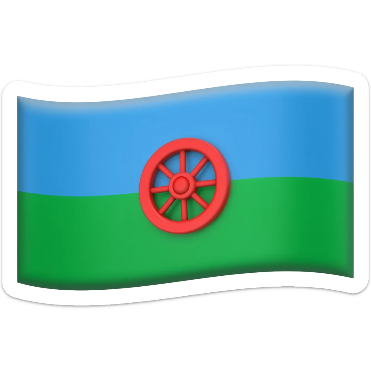 drapeau bande verte en desous bande bleu clair au dessus et roue de roulotte rouge au milieu sticker