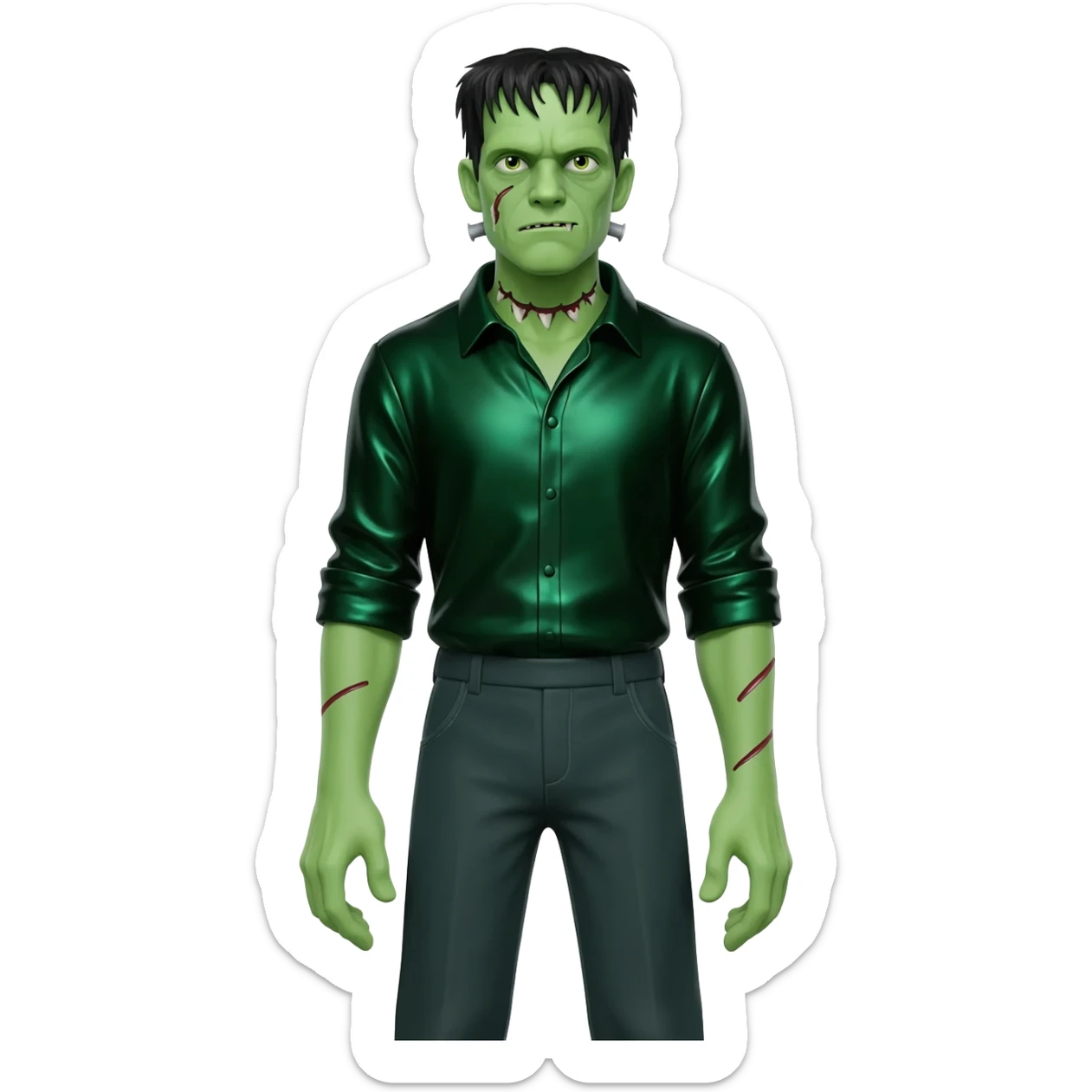 Frankenstein's Monster from Universal Monsters with black hair, dark green metallic shirt, dark green metallic baggy pants sticker