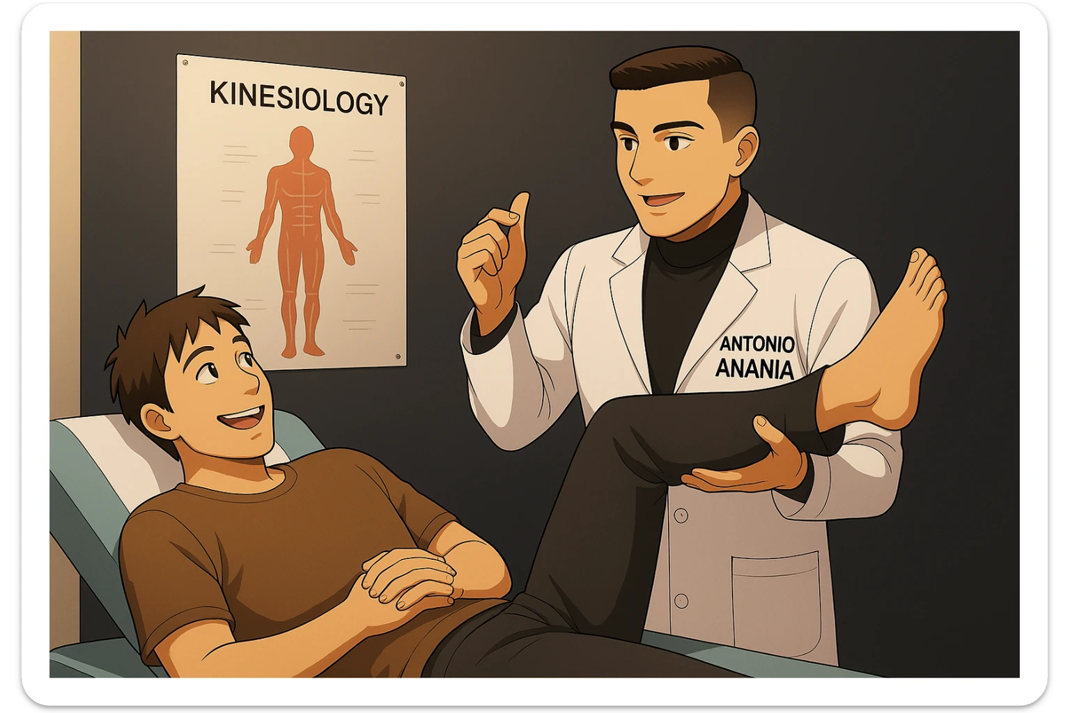 su questo lettino rappresenta un webtoon manga a colori con questo stile, in cui un uomo è steso sul lettino medico e il kinesiologo con il camice bianco (fagli anche la scritta "ANTONIO ANANIA" SUL CAMICE, gli solleva una gamba per fargli il test neuromuscolare, IL KINESIOLOGO SPIEGA ALL'UOMO UNA cosa mentre gli alza la gamba. l'espressione dell'uomo è felice e soddisfatta, non fare i fumetti però, fai solo in modo che sembri stiano parlando sticker