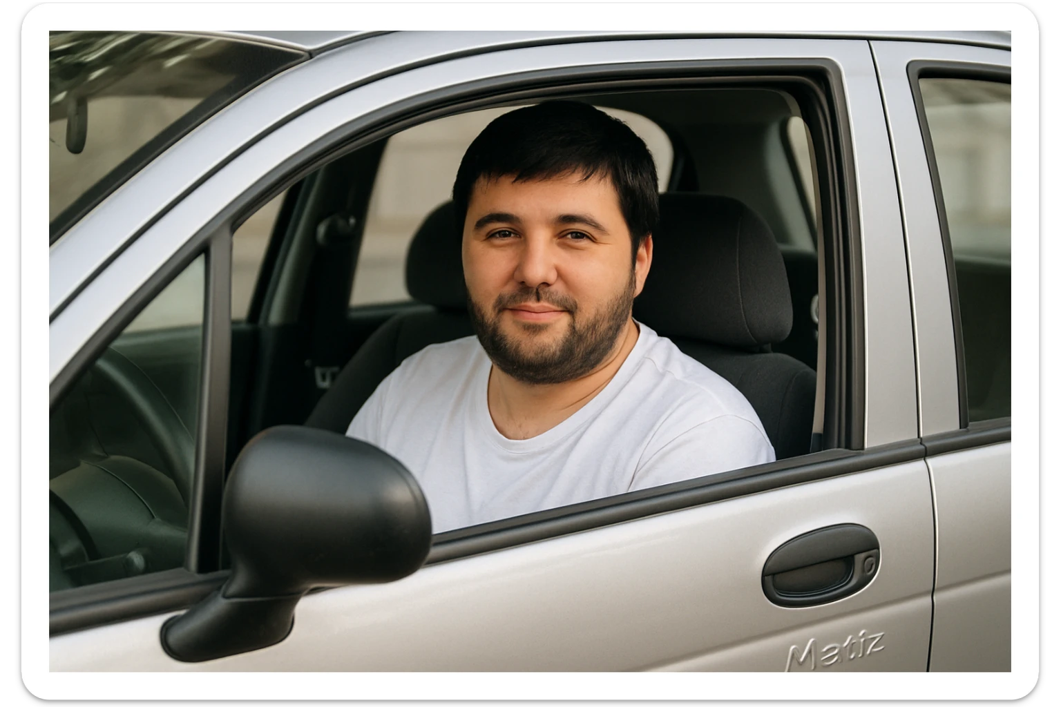 mana shu rasmdagi odam matiz mashinasining haydovchi o'rindig'ida o'tirib oynasidan kameraga qarab turgan holatini tasvirlab ber sticker