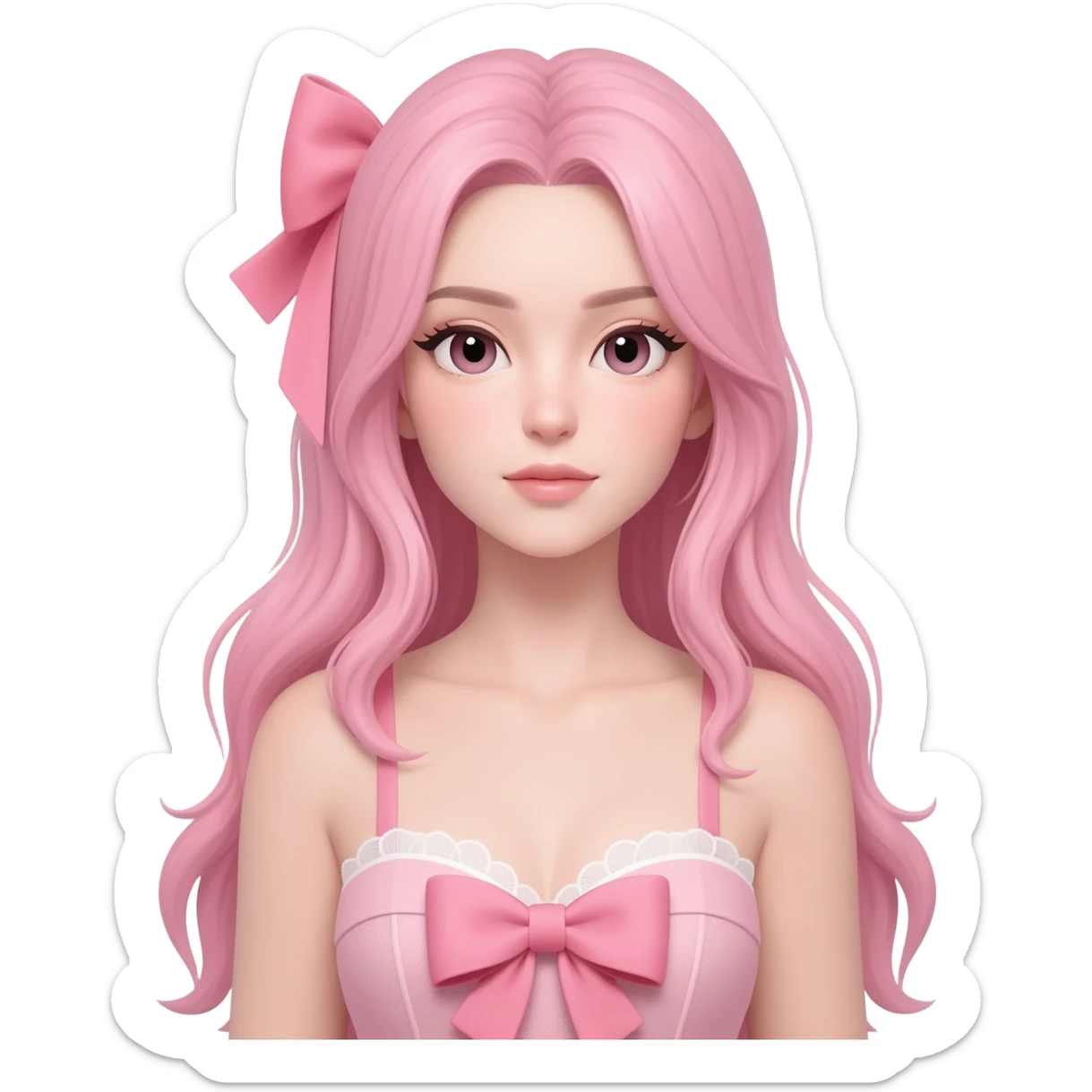 Long pastel pink hair tied with a bow, wearing a sexy dress with a bow on the chest, and very fair skin. sticker