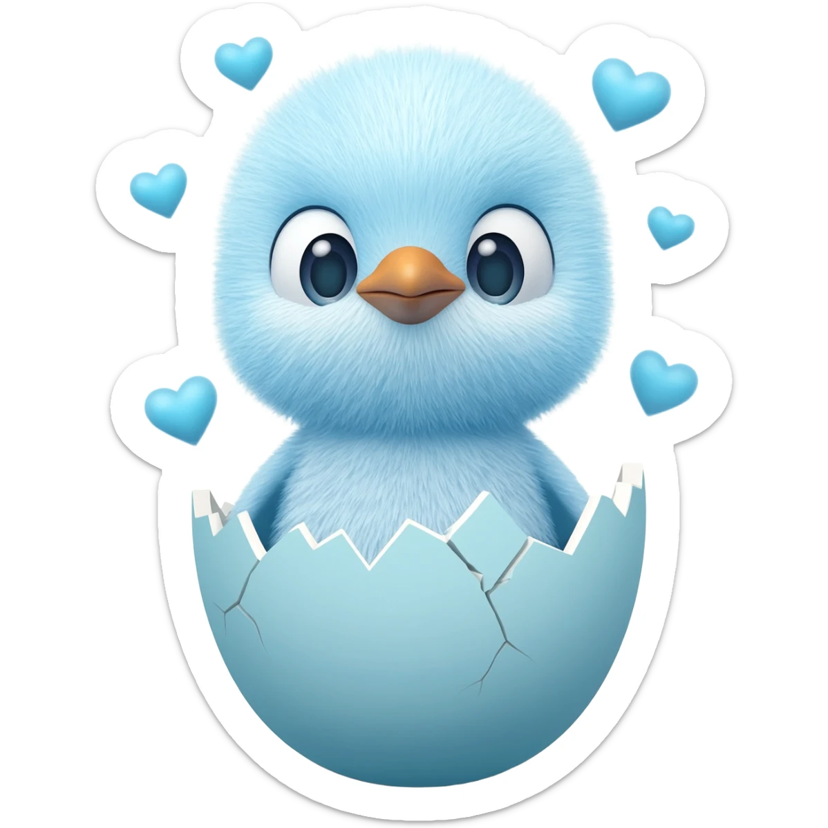 Fluffy light blue baby penguin surrounded by hearts while hatching out of an egg sticker