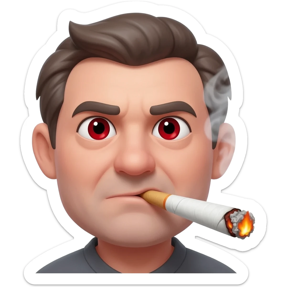 Chubby goofy looking middle aged  white guy with dark brown, but graying hair and bloodshot eyes, Smoking A SUPER HUGE white doobie with orange and ash with hot ash and smoke rising off of it sticker