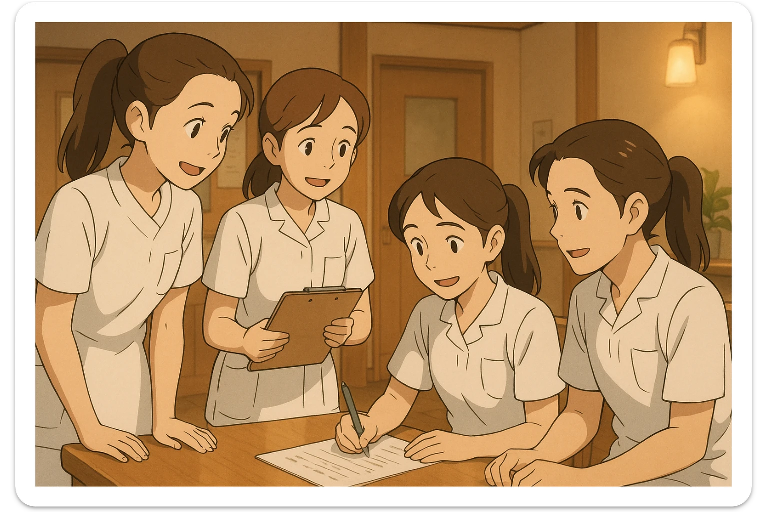 Quatre étudiants infirmiers, style Ghibli, travaillant ensemble à l'intérieur, tenues blanches à manches courtes, hauts type tunique médicale col en V, poche poitrine à gauche, pas de pied de col, pas de stéthoscopes, avant-bras nus, cheveux longs attachés. Interaction visible, décor intérieur de centre de soins. sticker