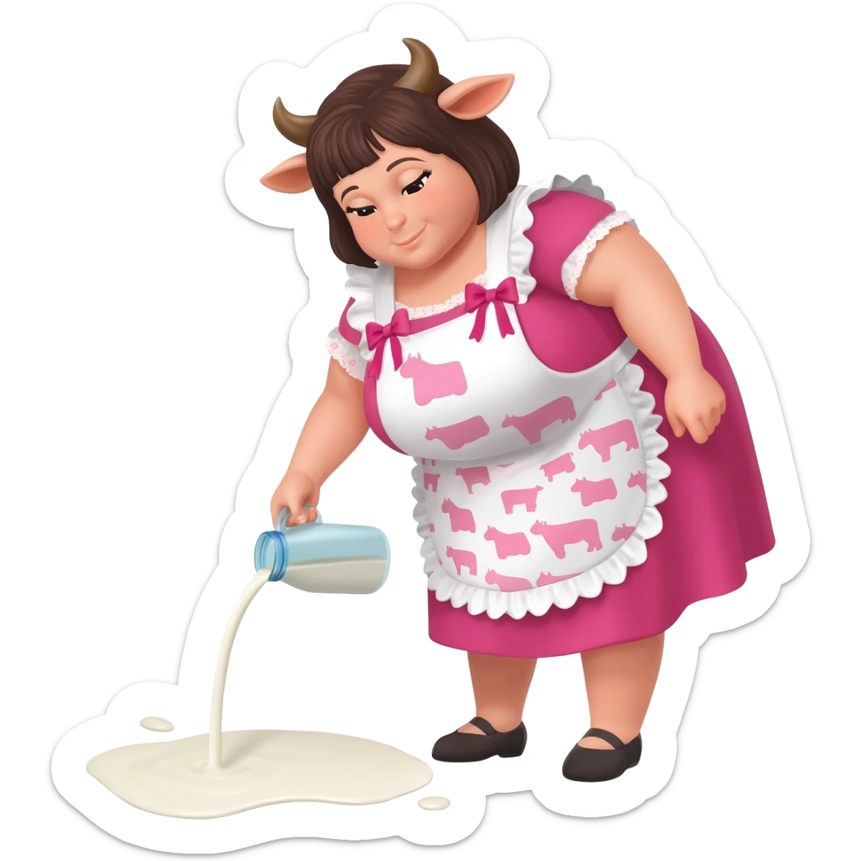 big fat woman with cow horns and cow ears in cute apron with pink cow print and ribbons pours milk on the floor sticker
