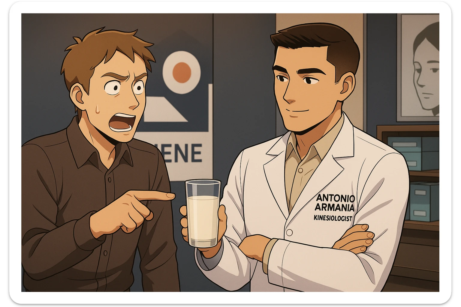 fai un webtoon manga a colori con questo stile, in cui un uomo chiede al kinesiologo con il camice bianco (fagli anche la scritta "ANTONIO ANANIA" SUL CAMICE, una domanda e il kinesiologo gli risponde, L'UOMO INDICA IL BICCHIERE DI LATTE CHE HA IN MANO ED è MOLTO ALLARMATO NEL FARE LA DOMANDA. non fare i fumetti però, fai solo in modo che sembri stiano parlando sticker