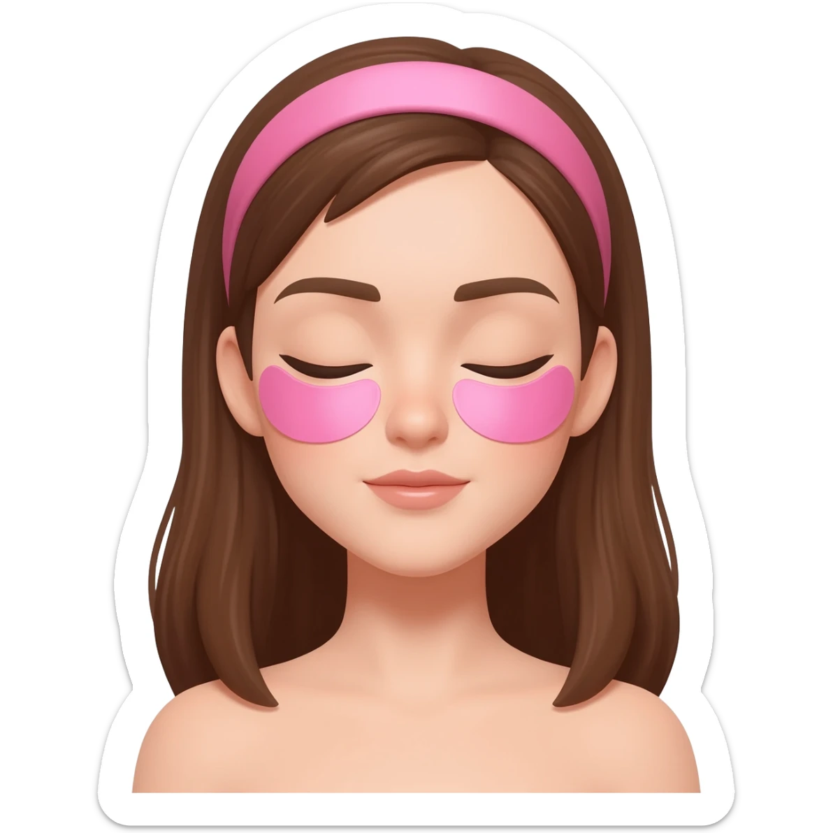 Brown hair woman, eyes closed, calm, pink headband, pink eye patches, glossy skin, 3D emoji style, white background sticker
