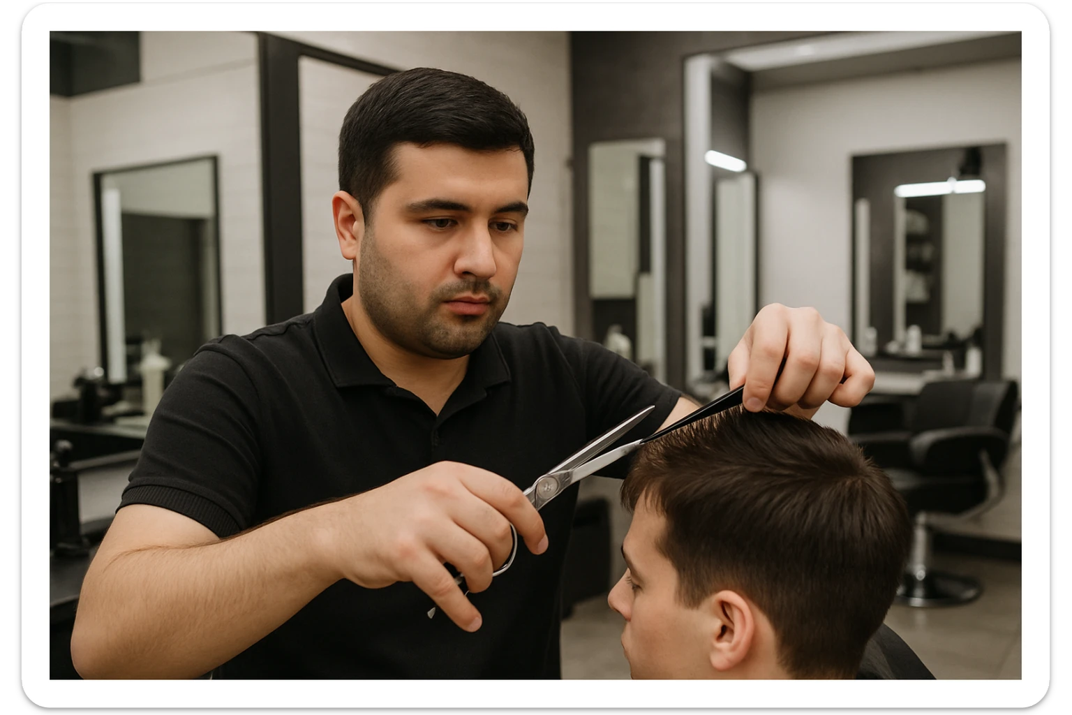 shu odamni sartaroshxonada mijozlarni sochini olayotganin  tasvirlab ber juda yosh ham katta ham bo'lmasin semiz ham bo'lib ketmasin o'smirin davrini sticker