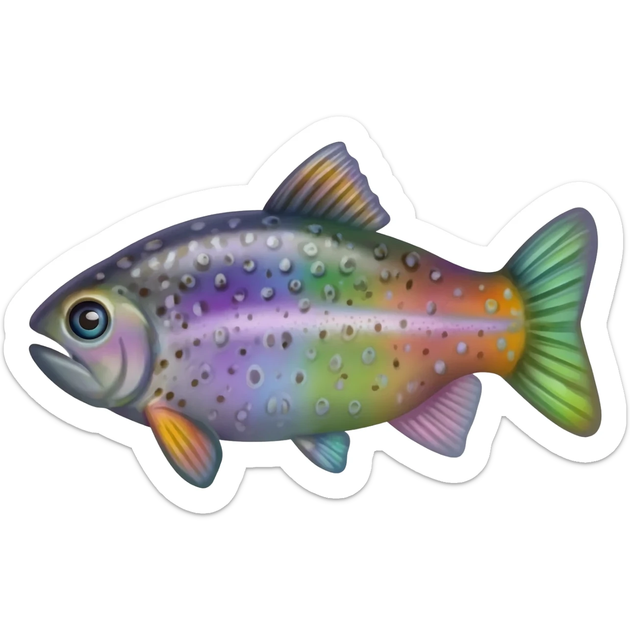 whole rainbow trout fish with spots facing left bright purple blue green yellow white sticker