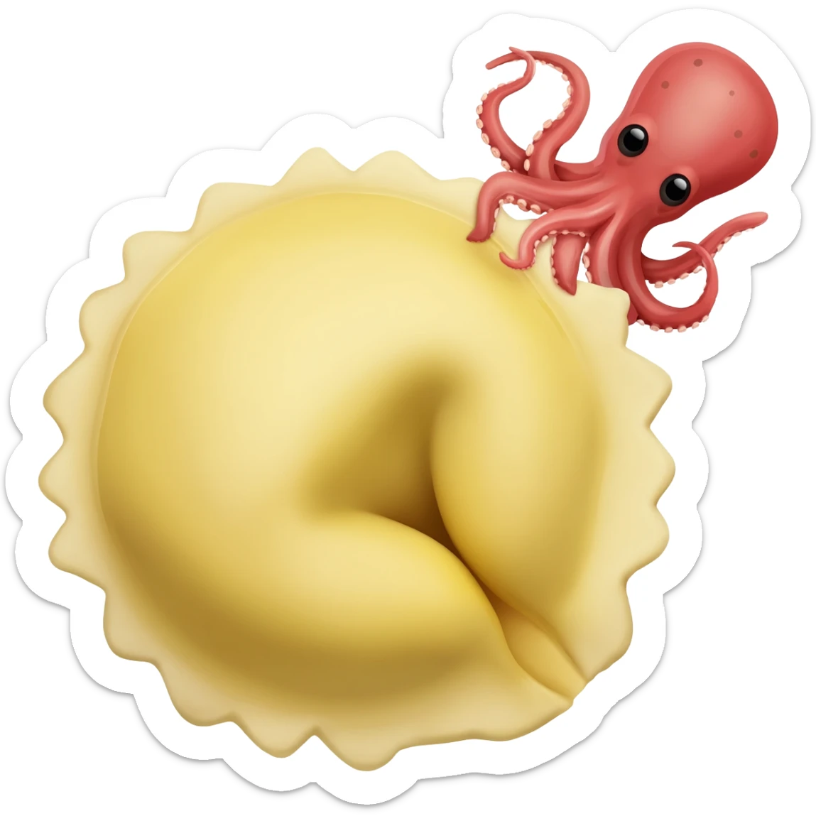 un solo tortellino, quelli rotondi, con un polipetto vicino in stile acrtoon anime simpatico sticker