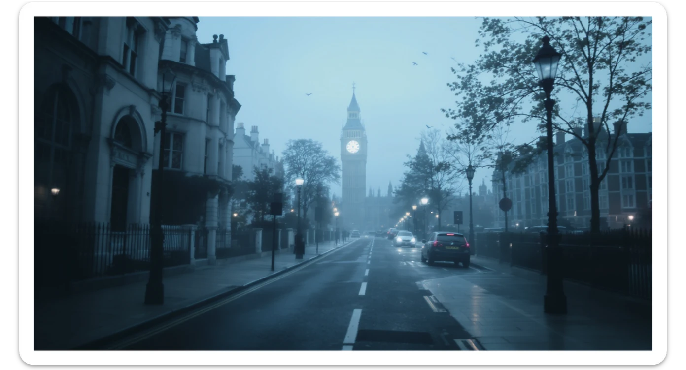 Cinematic shot of a london street, cloudy foggy day, soft light, leading lines to big ben in distance, multi composition, in foreground blurred car, on second street around UK bulding, od another plan in distance big ben, birds flying, artistic look, captured on arri alexa 35, color graded blue hour sticker