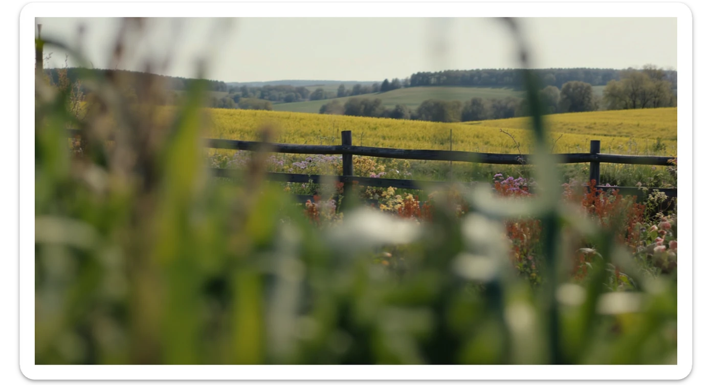 "Two shot" in the foreground, blurred plants in the foreground (frame within a frame), a wooden fence and colorfull flowers in the midground, Poland, rolling hills in the background, cinematic depth of field, layered composition, natural lighting sticker
