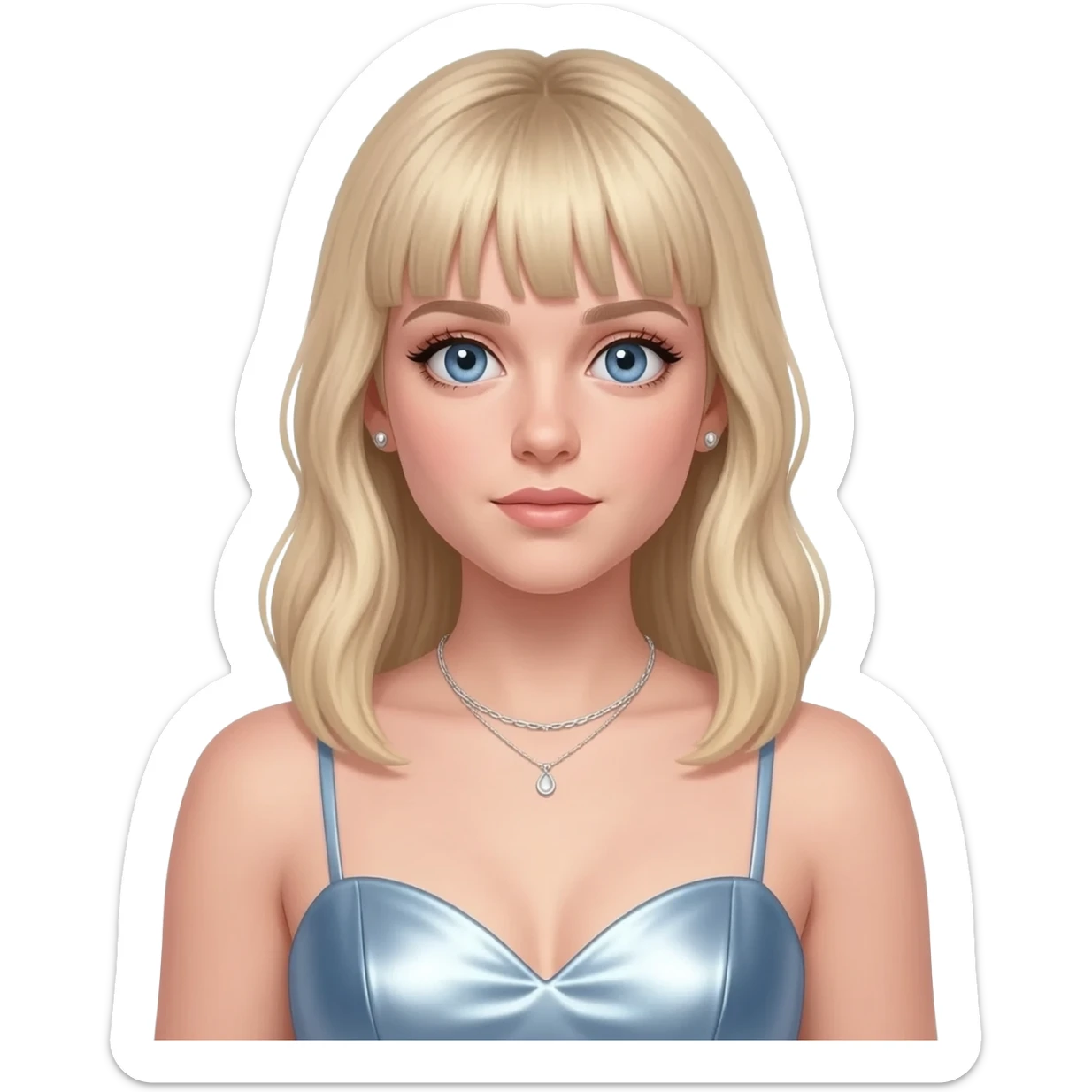 Sabrina Carpenter with blue eyes, long light blonde hair with bang, light steel blue metallic sweetheart dress, silver necklace and short earrings sticker