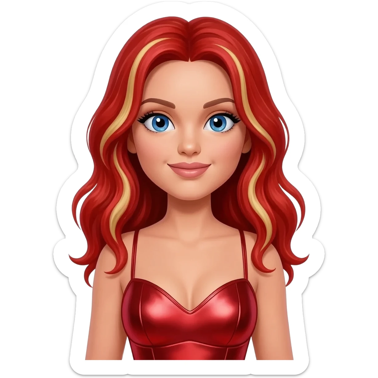 Baby Spice from Spice Girls with blue eyes, long red hair with blonde highlights, red metallic sweetheart dress sticker