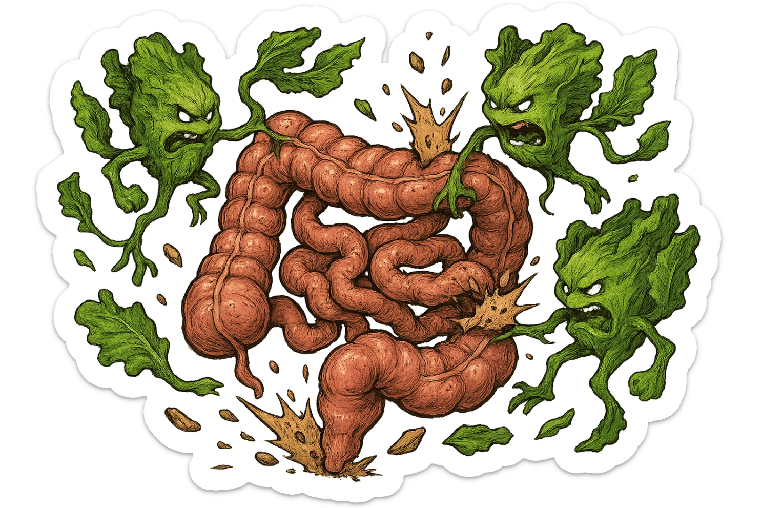 foglie di insalata che attaccano un intestino anatomico umano per distruggerlo sticker