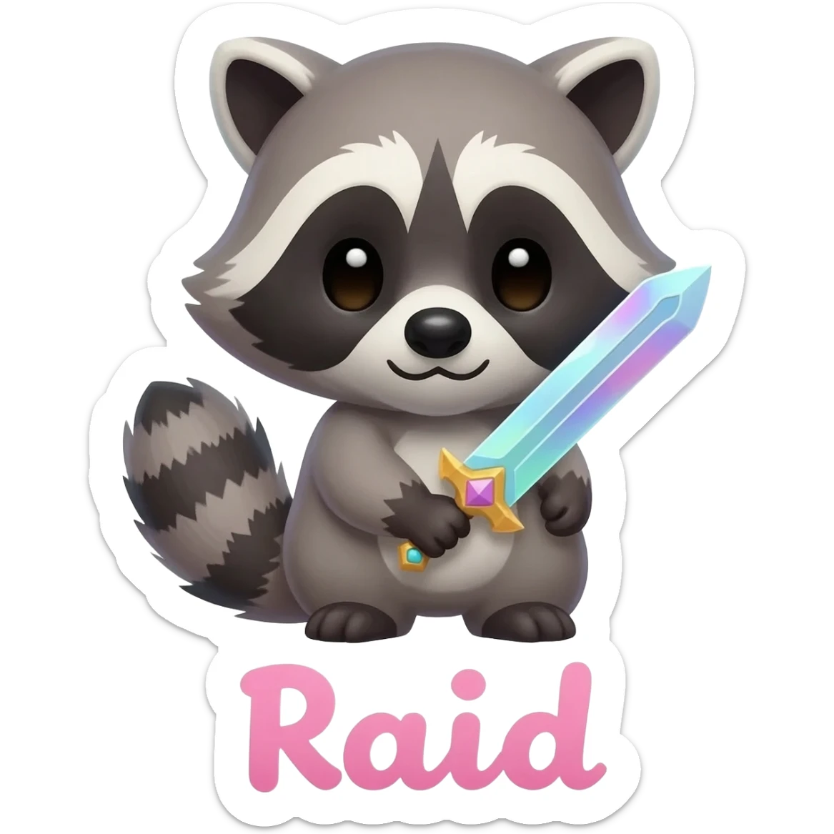 Cute Raccoon with sword and text "Raid" in cotton candy stylebelow him sticker