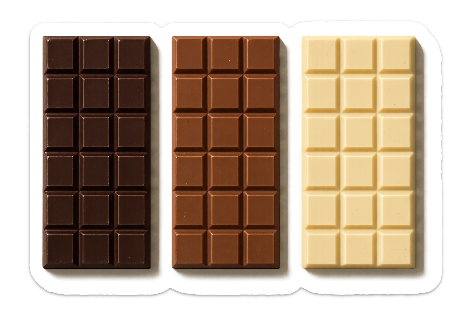 3 BARRETTE DI CIOCCOLATO, UNA FONDENTE, UNA AL LATTE E UNA BIANCA, CON OMBRA REALISTICA, VISTE DALL'ALTO, IPERREALISTICO 4K sticker