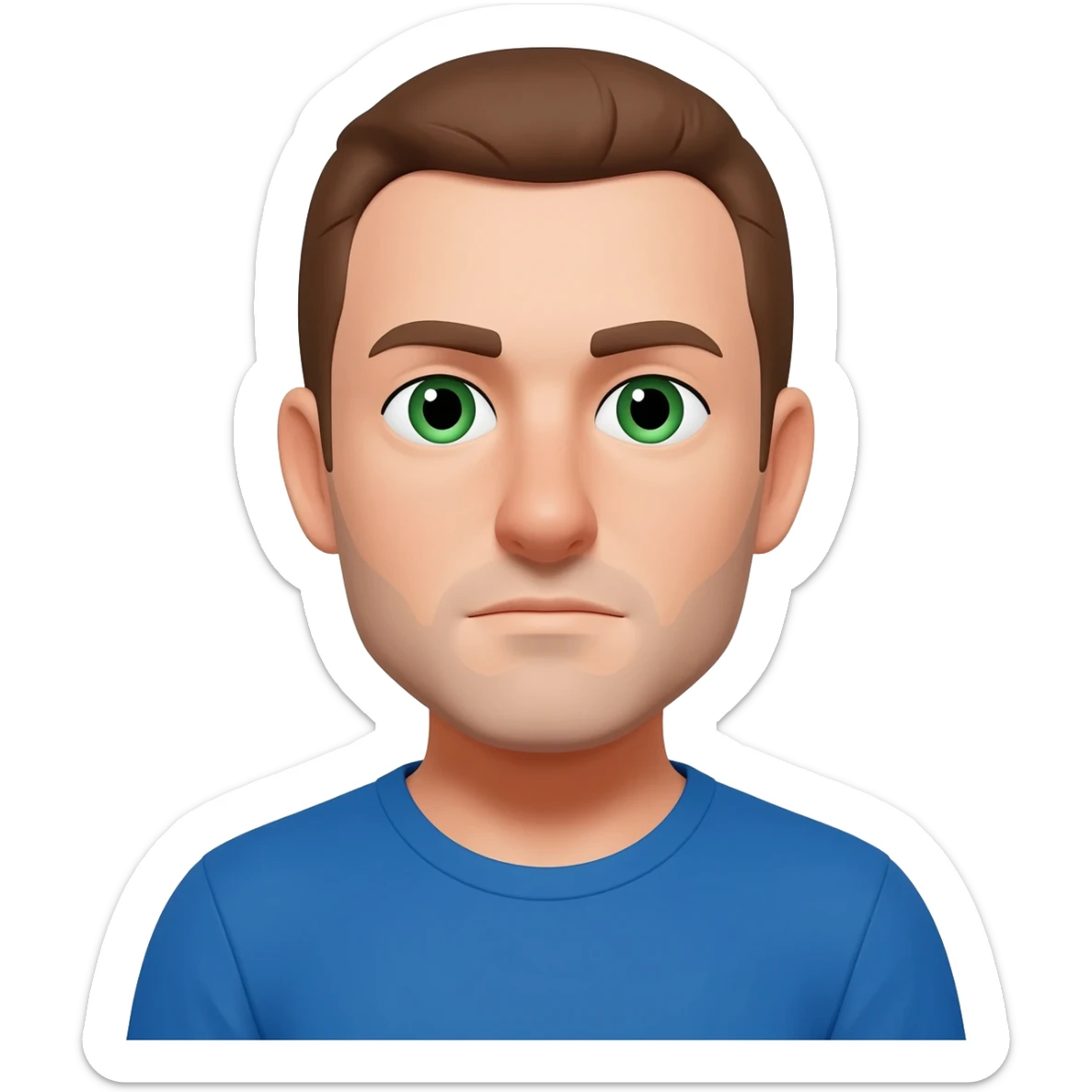 man short brown hair green eyes blue t-shirt big nose sticker