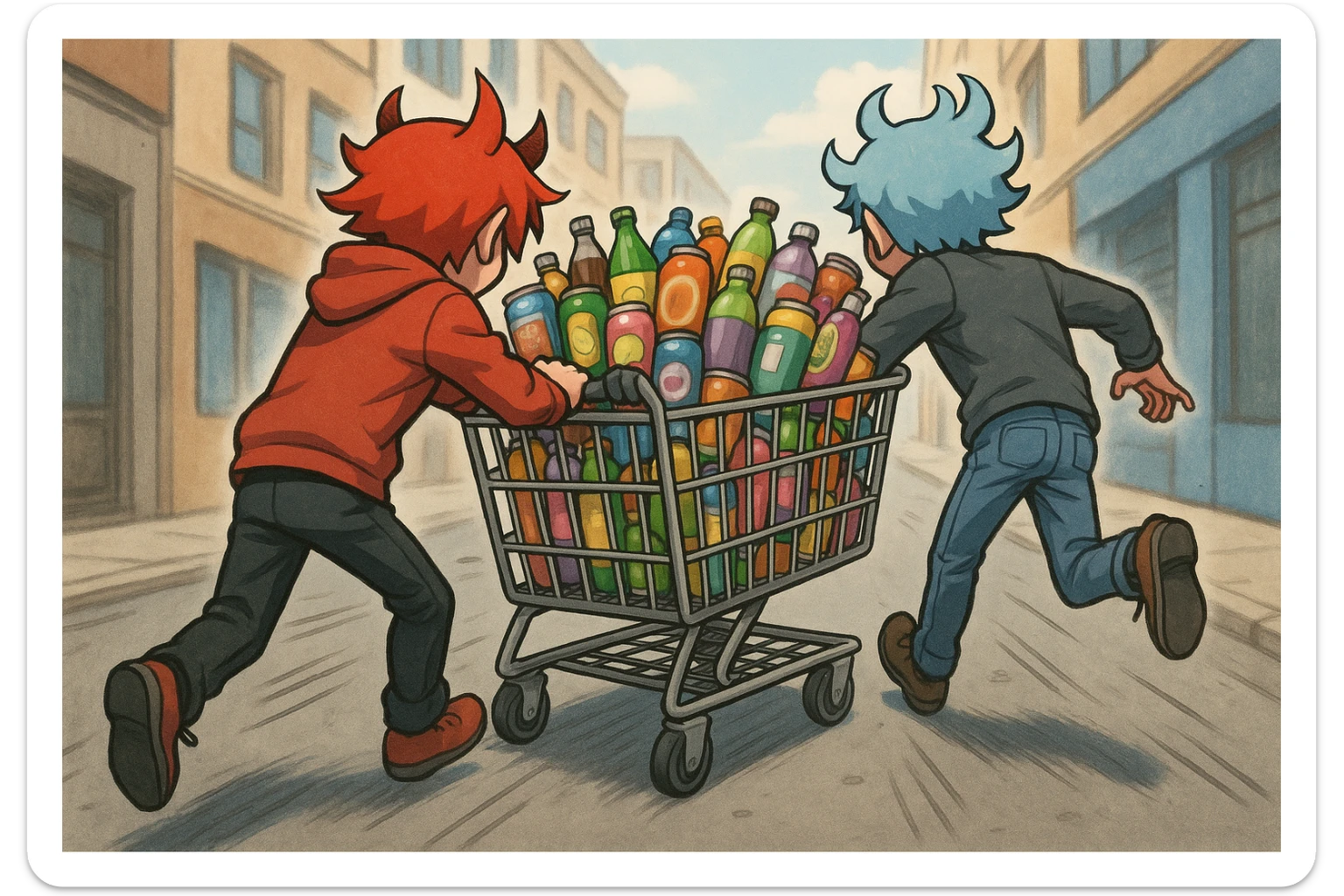 aka uka ichimlik ortilgan aravani olib qochishyapti orqa tarafdan rakurs yuzi ko'rinmasin sticker