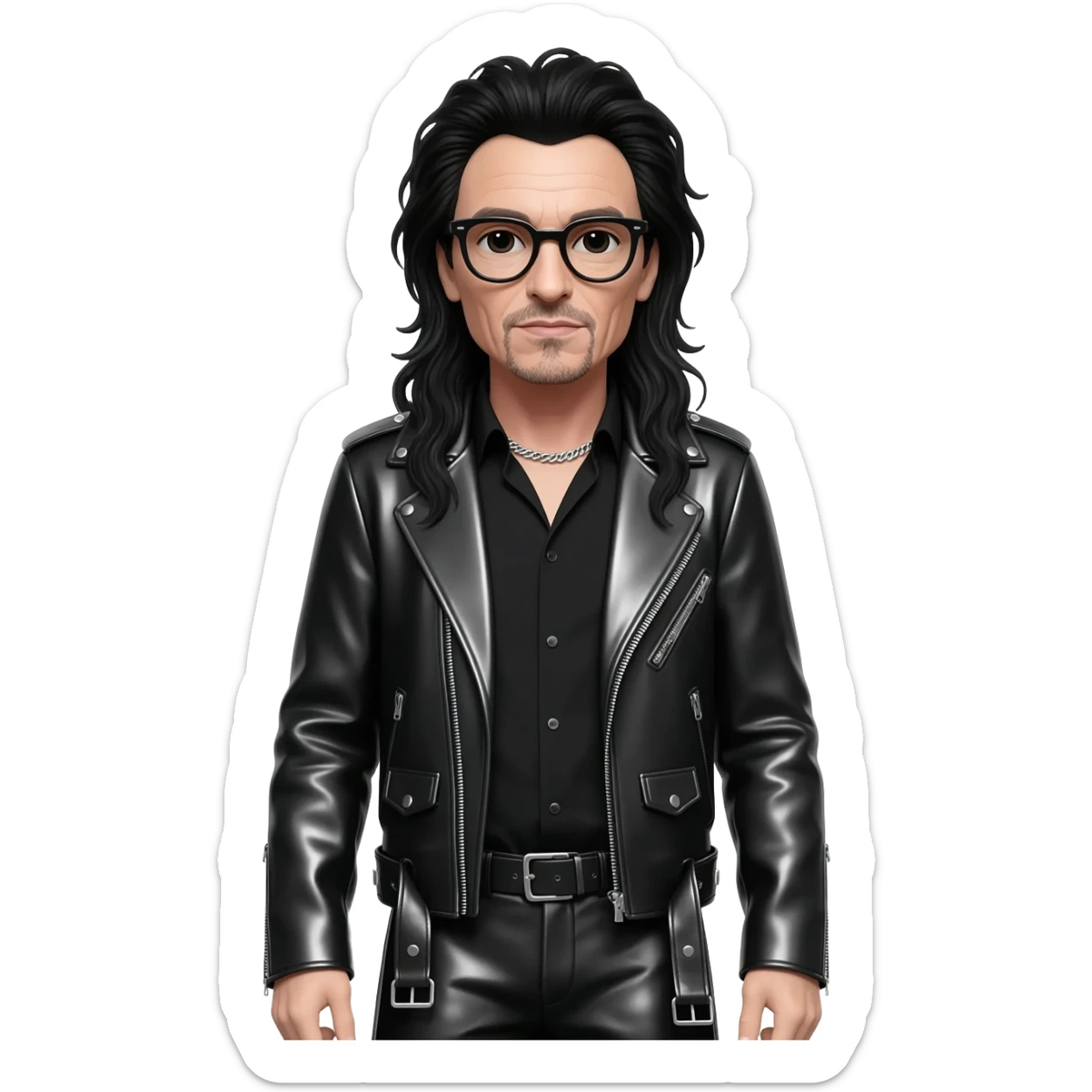 Bono with long black hair, black shirt, black metallic jacket, black metallic baggy pants, sliver necklace, black glasses sticker