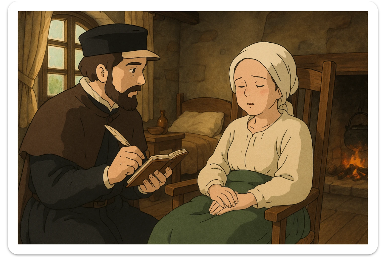 A doctor from the 1500s in Europe making written notes about a sick female patient in his care by carefully observing the patient who is ill and sitting in a chair in their home. sticker