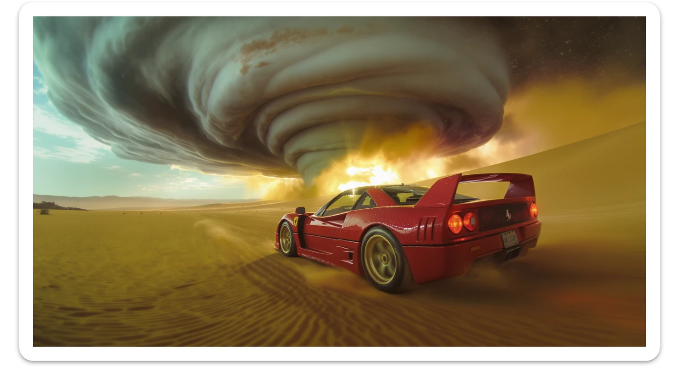 Cinematic still of a ferrari f40 around tornado od arizona desert, sun flare, captured by gopro hero with effect fisheye, water drops on car body, detailed, inspired by interstellar look, captured by a Super-16 sticker
