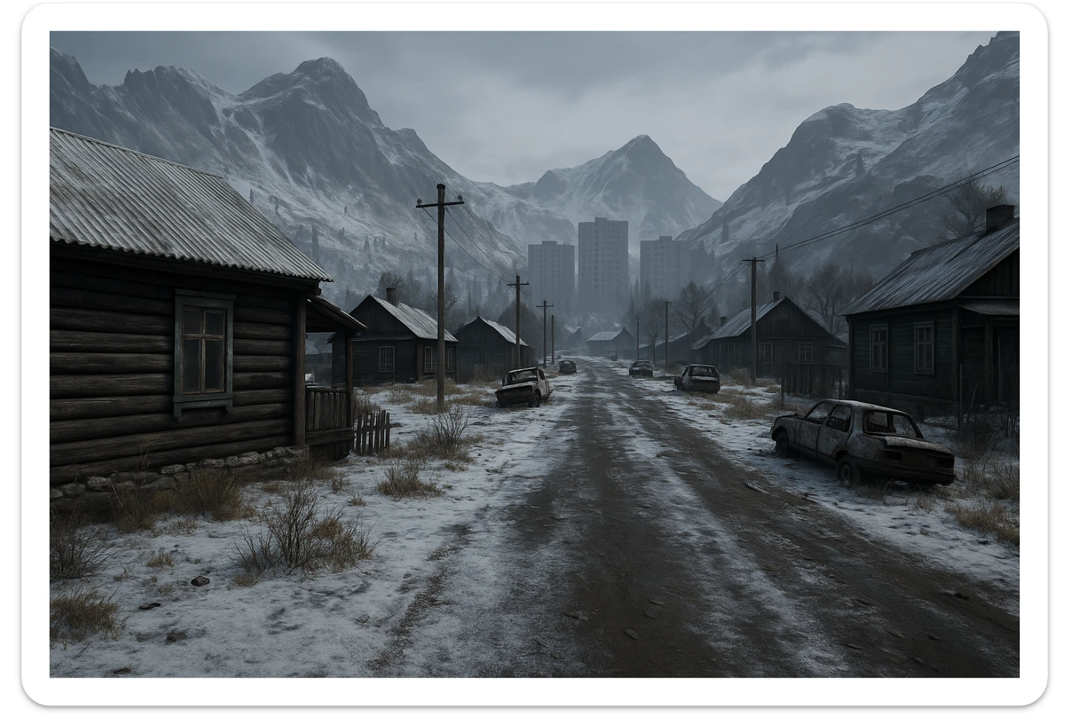 a view of the city street in a videogame: DayZ - in  Sakhal - snowy steppe tundra, rustic cabin houses, tall apartment blocks in the distance, mountainous and rocky terrain sticker