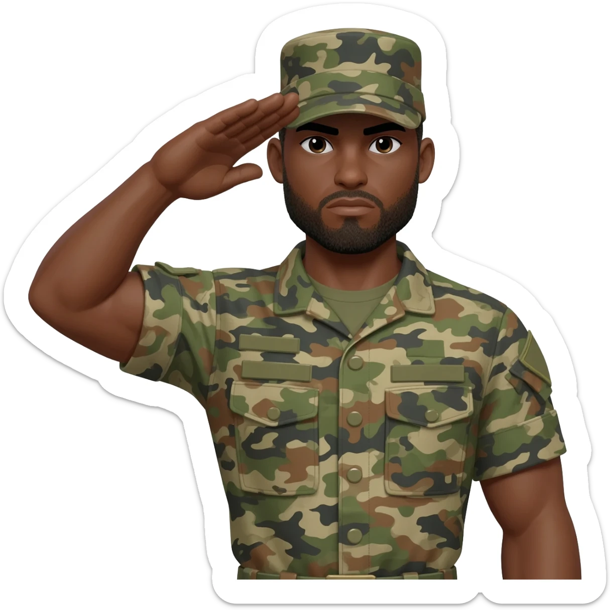 A black military soldier, brown skinned and camouflage uniform to include the hat saluting with the right arm, make the soldiers serious and make the built of the soldier muscular sticker
