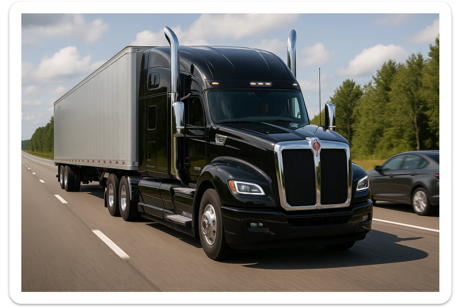 A realistic scene of a 2026 Kenworth W680 sleeper semi truck, black with chrome stacks, driving down the road with a car in front. The scene includes a visible road and background, capturing the truck and car in motion with detailed realism. sticker