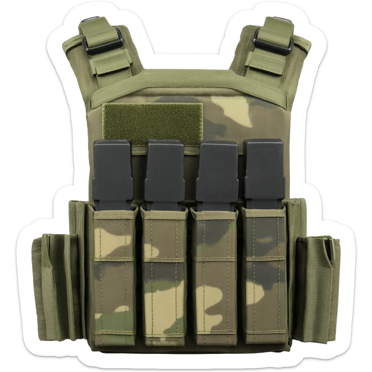 Green fatigue plate carrier with magazine pouch sticker