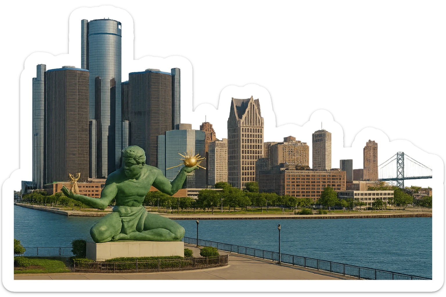 cinematic, realistic emoji of Detroit, wide city view featuring only real, iconic landmarks including the Renaissance Center, Spirit of Detroit, Detroit Riverwalk, and Ambassador Bridge, lifelike detail, accurate colors, bright daytime lighting, fully transparent background, no sky, no clouds, no imaginary or generic buildings sticker