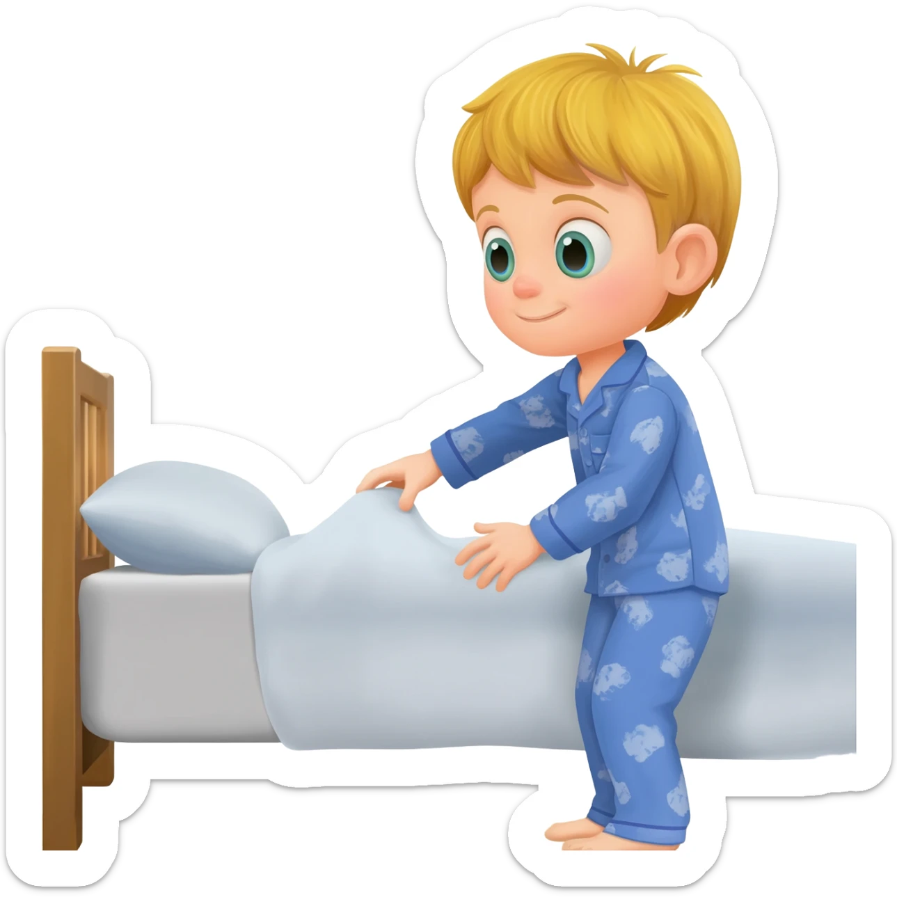 3 year old blonde boy with green-blueish eyes in blue pajamas, happy making the bed. Neat, and pillows in order sticker
