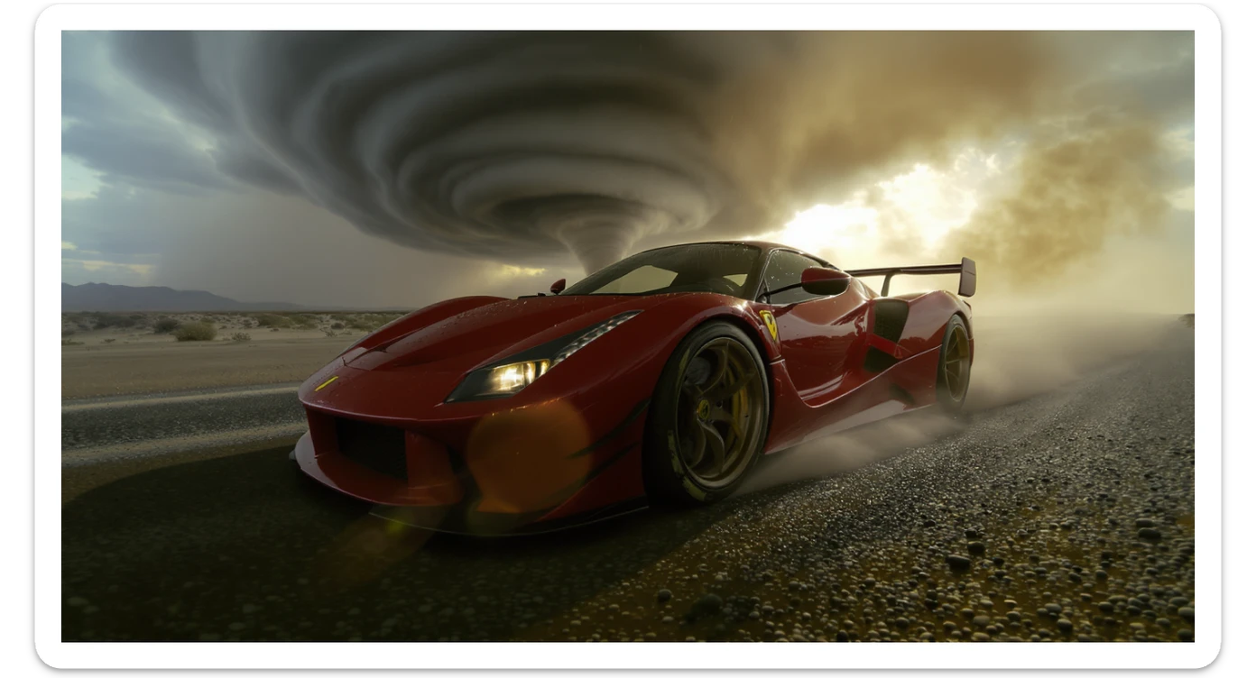 Cinematic still of a ferrari f40 around tornado od arizona desert, sun flare, captured by gopro hero with effect fisheye, water drops on car body, detailed sticker